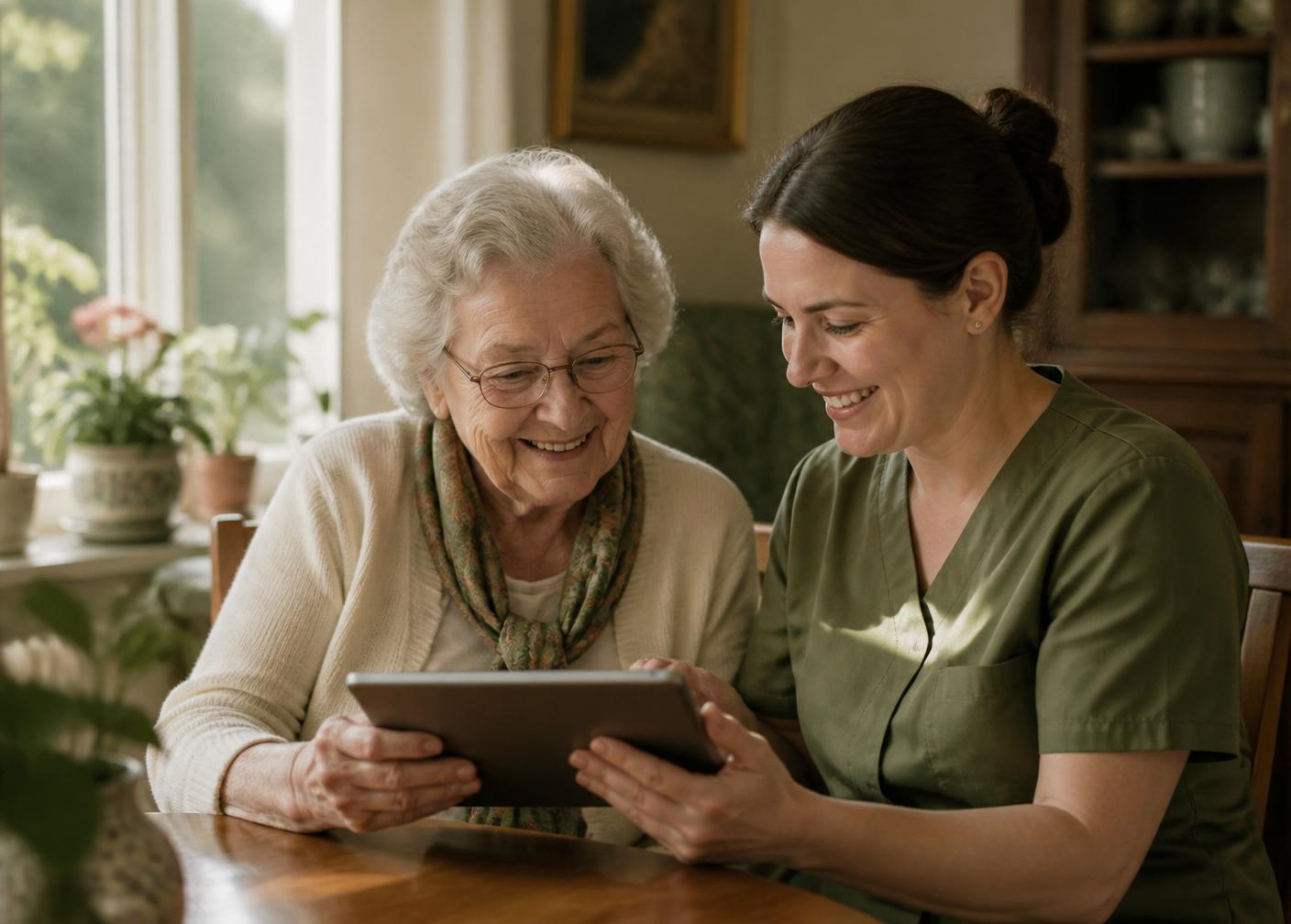 Pflegekraft und Seniorin schauen gemeinsam auf ein Tablet